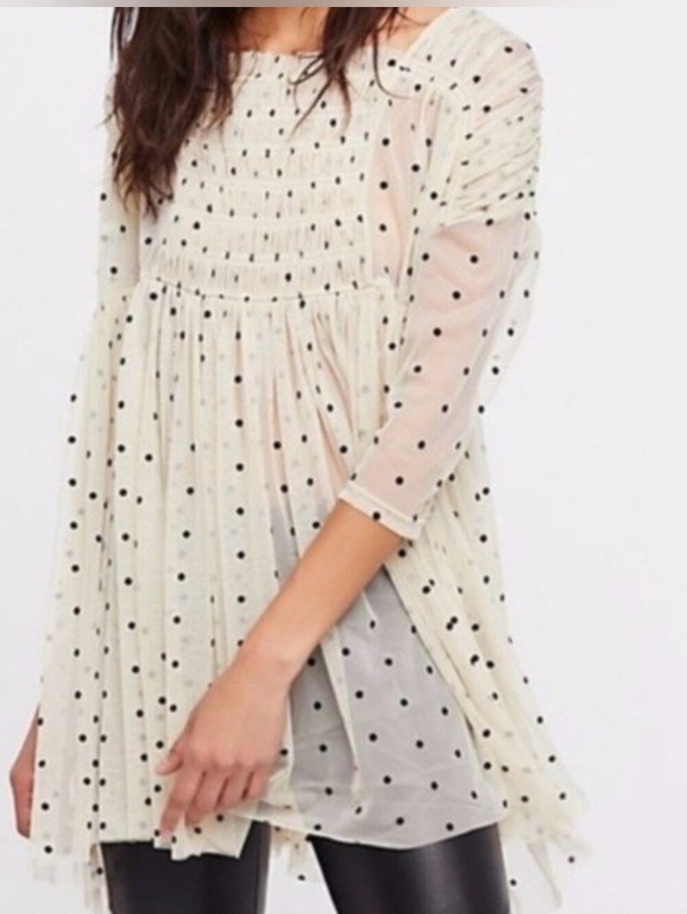 NWOT FREE PEOPLE SAYA Mesh Dot Babydoll Tunic Top. Ivory/blk. Sz S